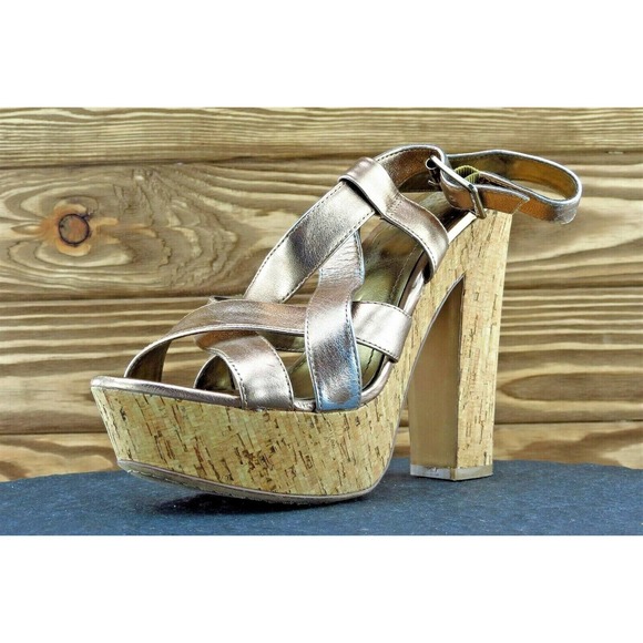 Vince Camuto Sz 7.5 M Gold Open Toe Platform Leather Duval‎ - Picture 1 of 7